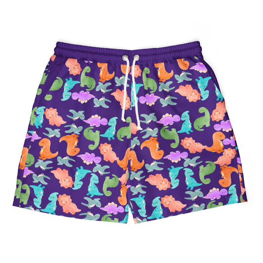 Vibrant Dino Unisex Swim Shorts Beachwear Summer Swimwear Vacation Essentials Pool Party Mens Swim Trunks Unique Design Rainbow Dinos Purple