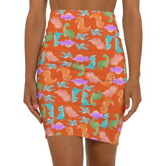 Dinosaur Print MidWaist Pencil Skirt for Fun and Playful Style Womens Skirt Cute Skirt Fashionable Skirt Casual Skirt Gift Idea Rainbow Dinos Orange