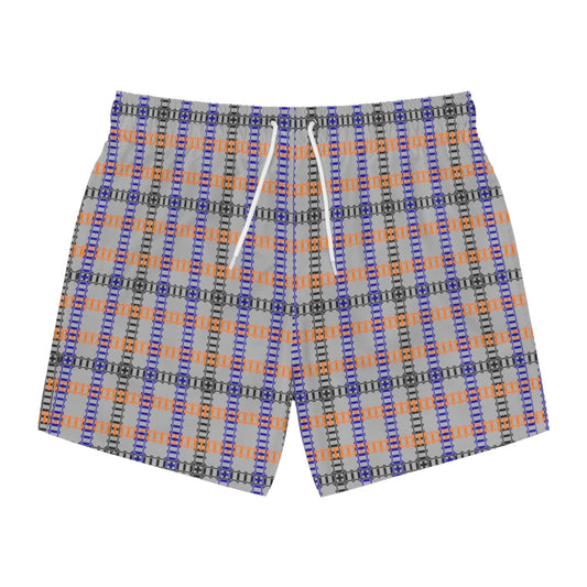 Vibrant Checkered Swim Trunks Beachwear for Summer Fun Vacation Essential Pool Party MustHave Mens Swim Shorts Train Tracks Light Grey