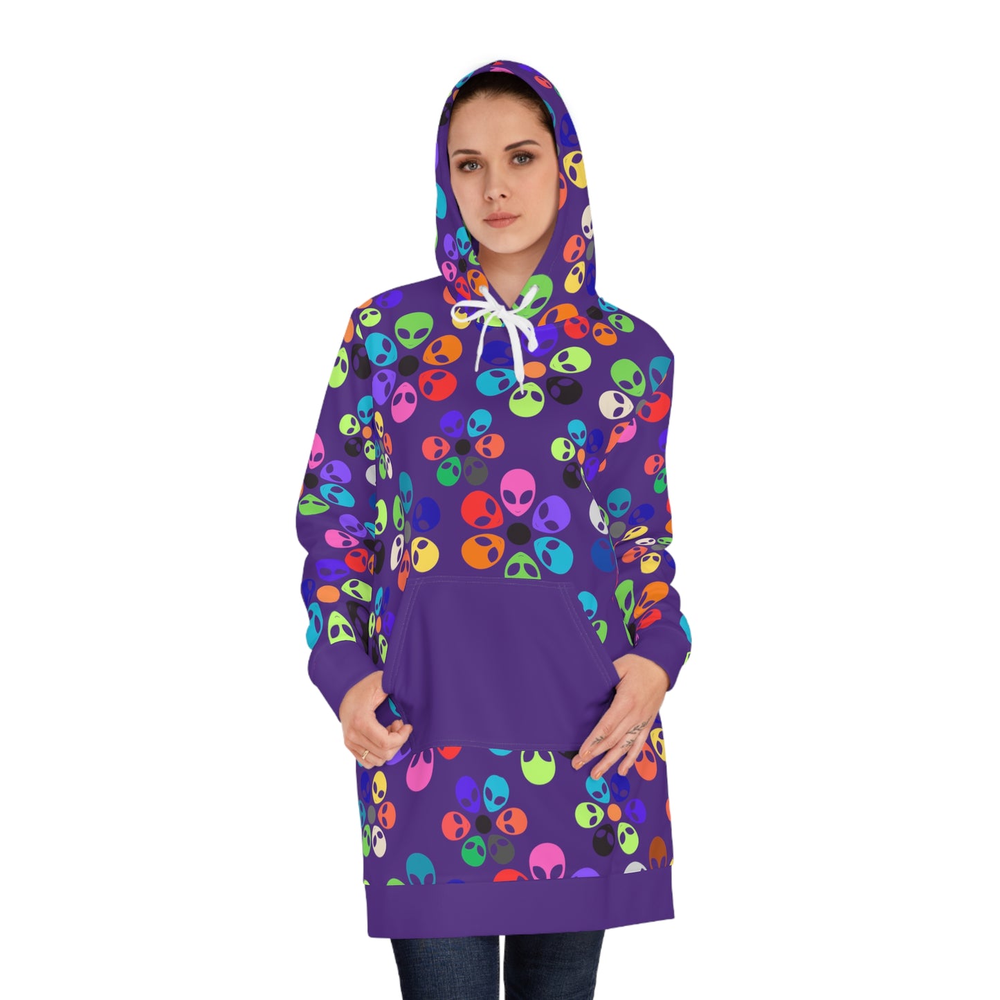 Colorful Alien Floral Womens Hoodie Dress Trendy Casualwear Halloween Fashion Unique Gift for Her Fun Everyday Style Alien Rainbow Flowers Pink