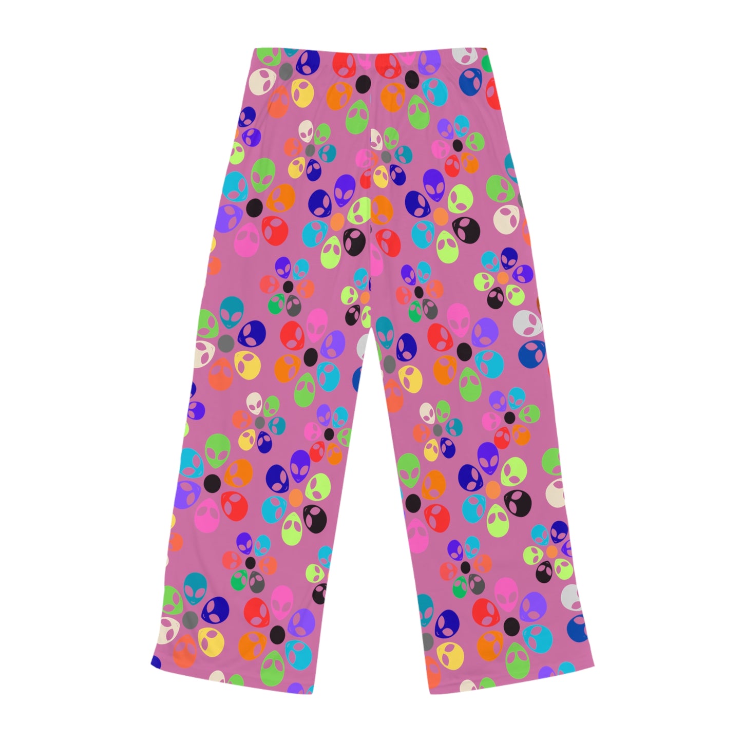 Colorful Alien Print Womens Pajama Pants Fun Loungewear Sleepwear for Alien Lovers Great Gift for Birthdays Relaxation Alien Rainbow Flowers Light Pink