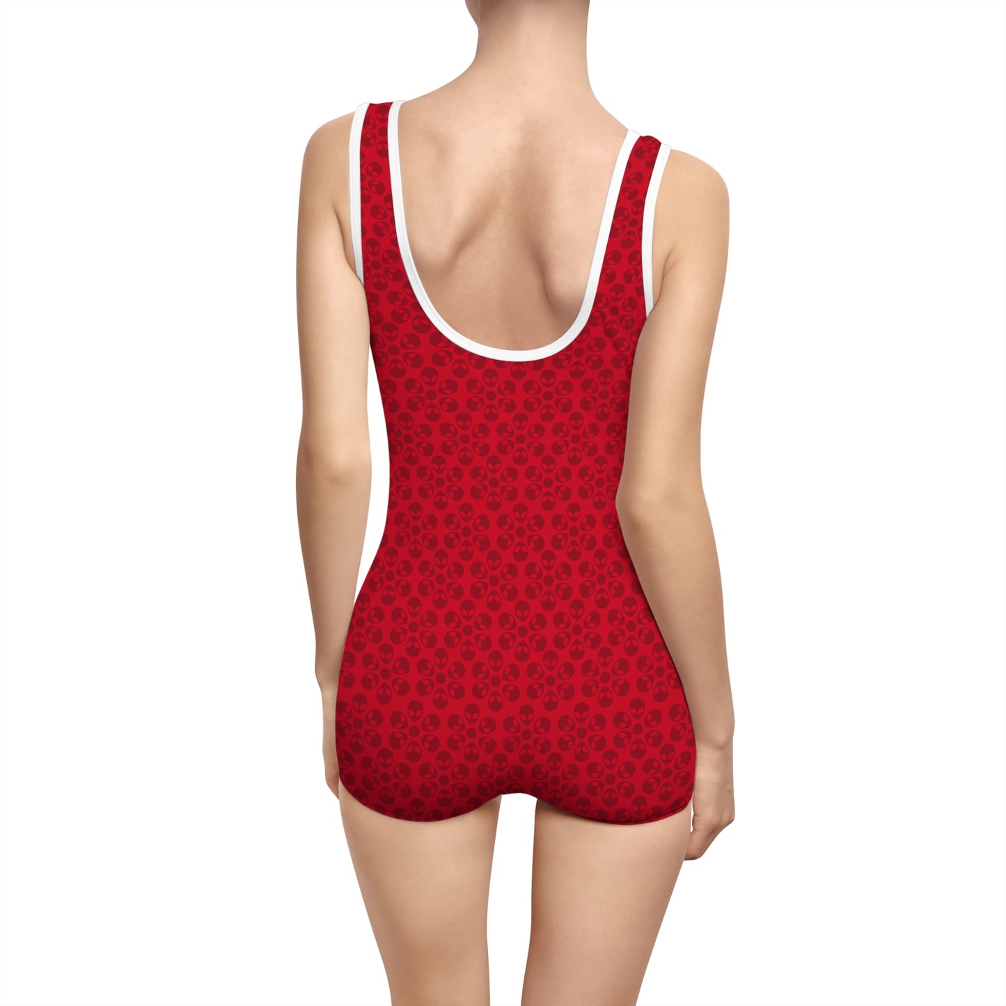 Womens Vintage Swimsuit  Alien Flowers Dark Red