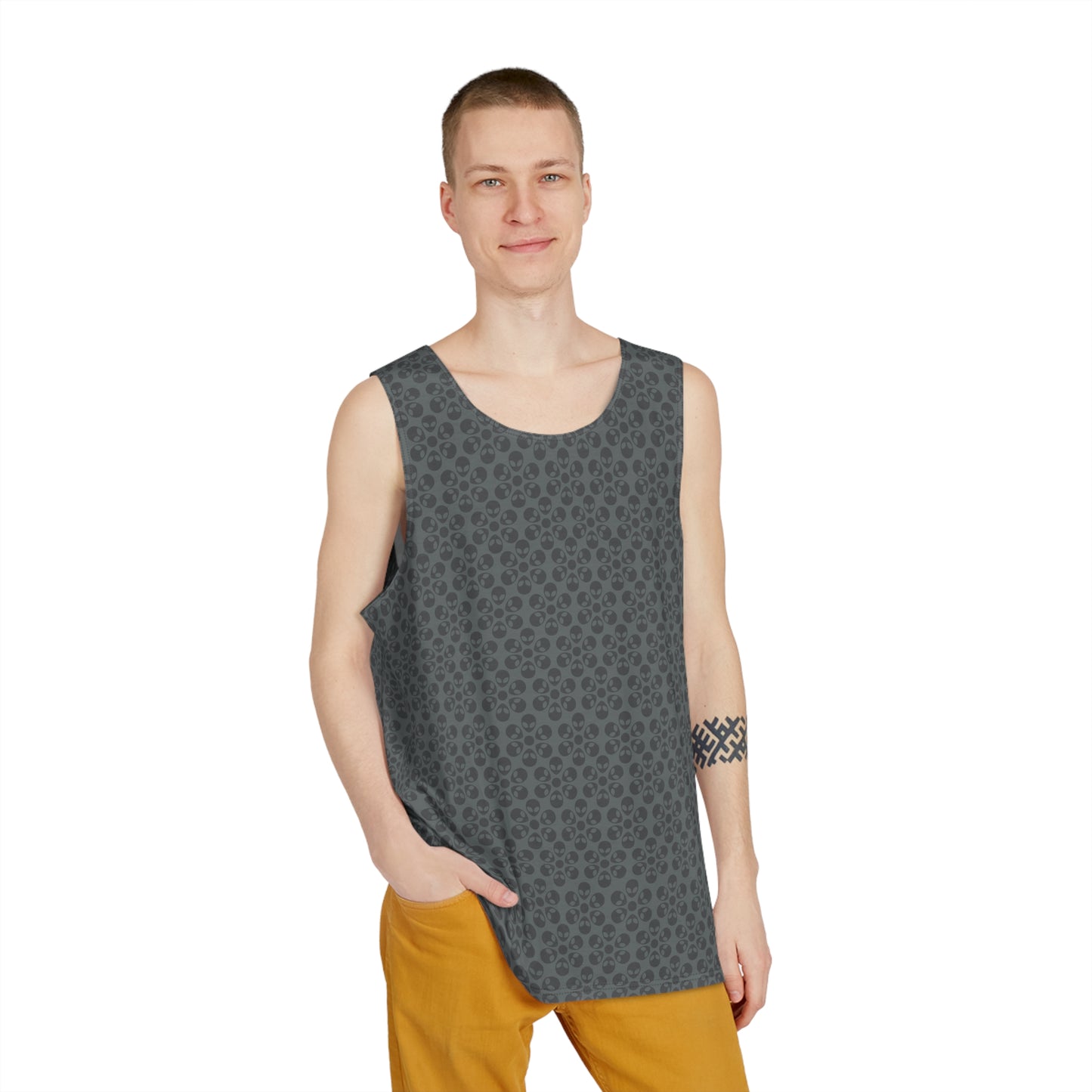 Stylish Mens Tank Top  AOP Leopard Print Summer Wear Fitness Gear Casual Apparel Trendy Vacation Outfit Alien Flowers Light Grey