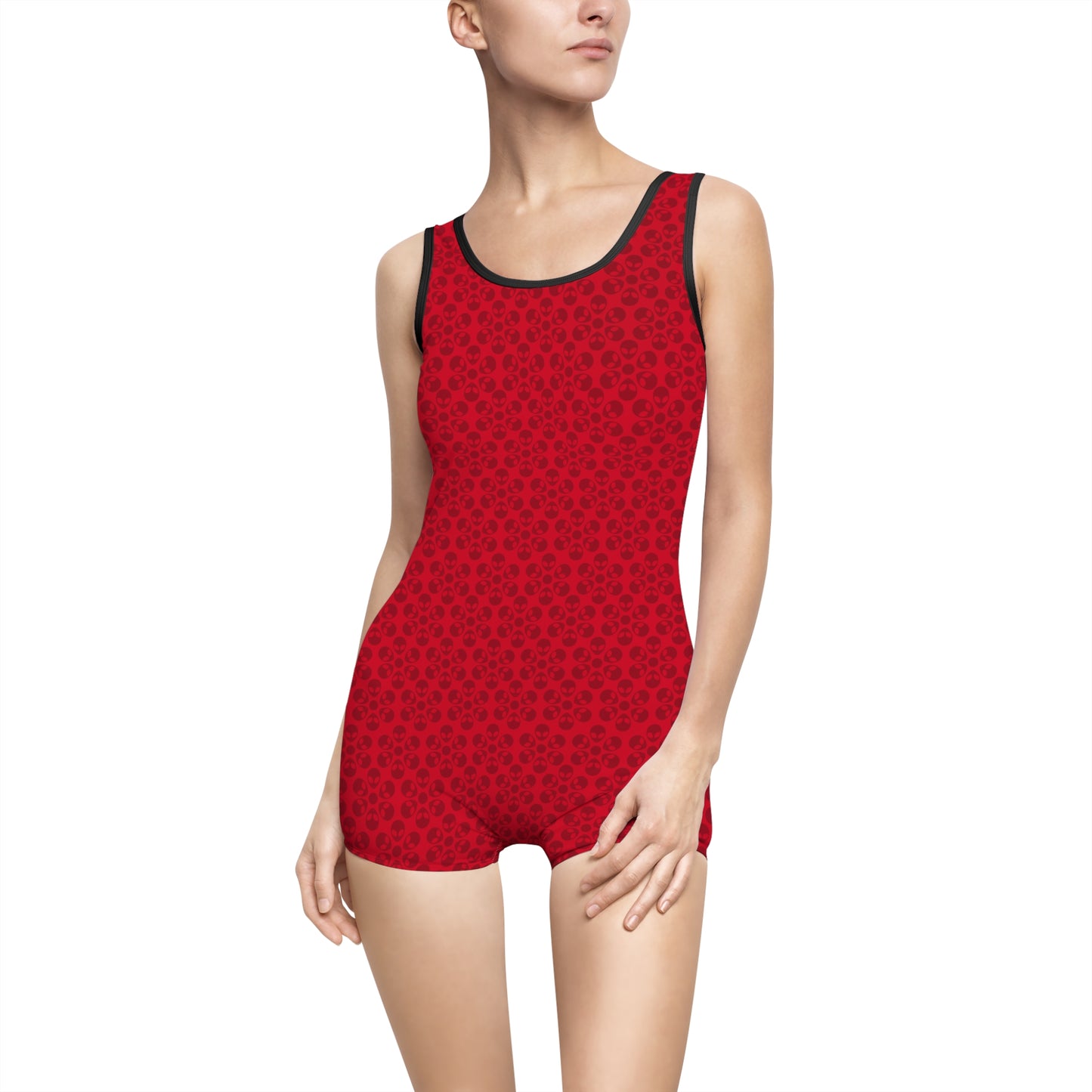 Womens Vintage Swimsuit  Alien Flowers Dark Red