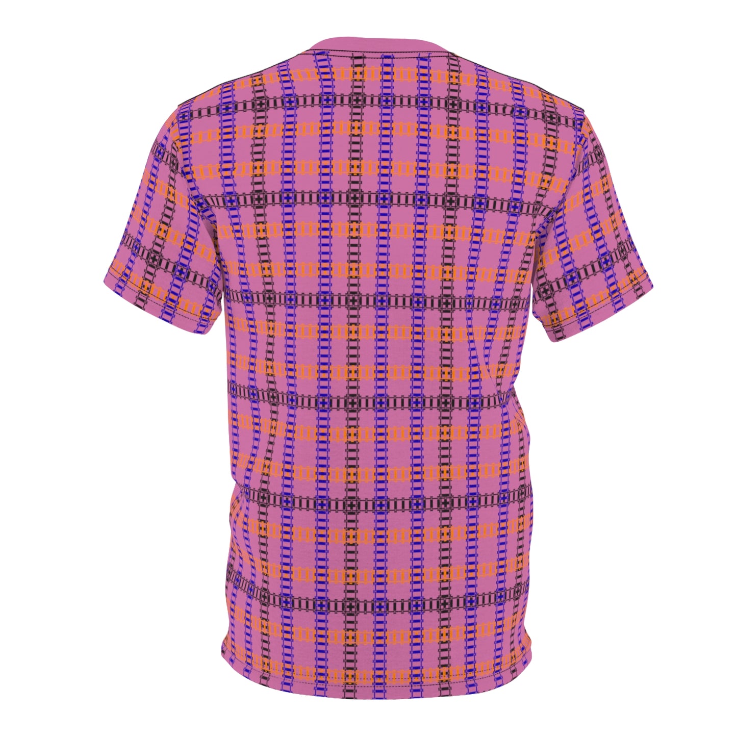 Stylish Plaid Unisex Tee for Everyday Wear Casual Graphics Tee Unique Patterned TShirt Trendy Streetwear Top Perfect Gift for Friends Train Tracks Light Pink