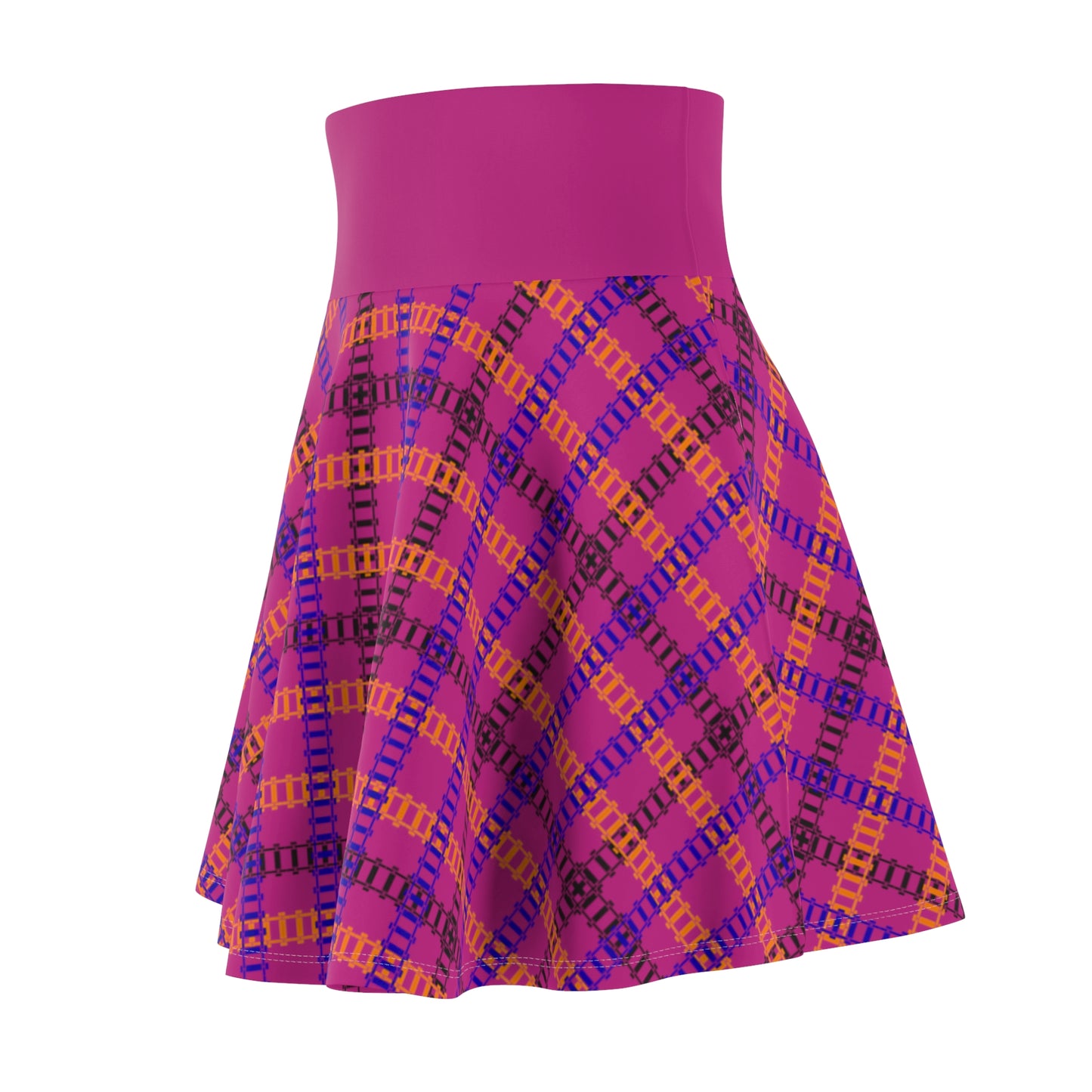 Stylish Womens Plaid Skater Skirt Trendy AOP Skirt Casual Everyday Wear Festive Outfit Summer Fashion 90s Vintage Inspired Train Tracks Pink