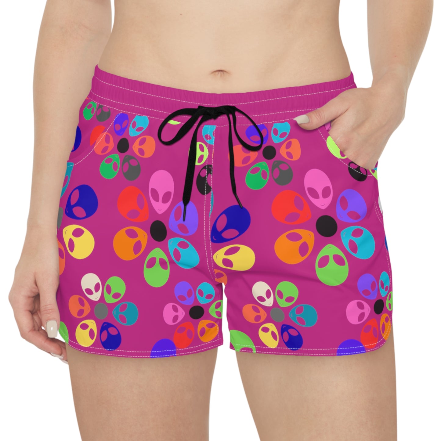 Colorful Alien Print Casual Shorts for Women | Fun Summer Activewear | Festival Fashion Beachwear Vacation Outfit Gift Idea Alien Rainbow Flowers Pink