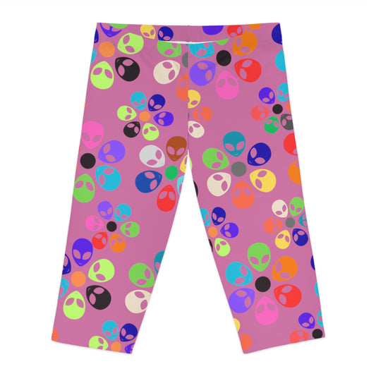 Colorful Alien Floral Capri Leggings Fun Fitness Pants Yoga Wear Unique Beachwear Festival Style Casual Summer Outfit Alien Rainbow Flowers Light Pink