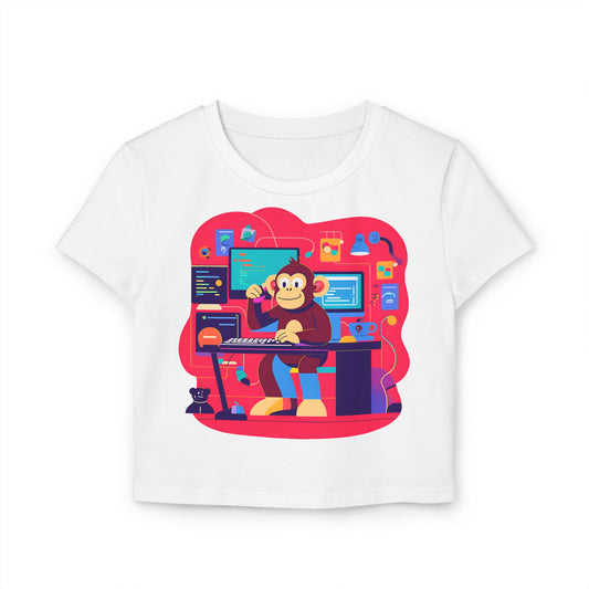 Playful Monkey Graphic Baby Tee for Women, Funny Casual T-Shirt, Gift for Gamers, Cute Animal Shirt, Summer Fashion, Birthday Present