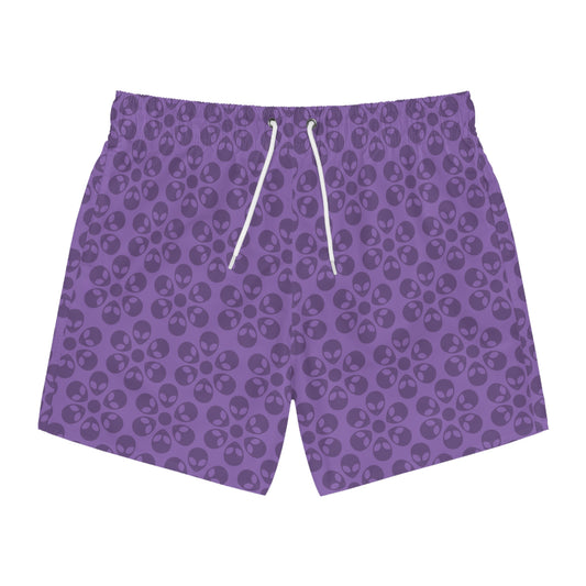 Stylish AOP Swim Trunks for Beach Days Summer Fun Pool Parties Vacation Wear Gift for Him Alien Flowers Light Purple