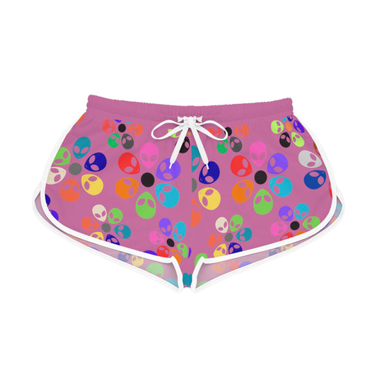 Colorful Alien Flower Print Womens Relaxed Shorts Summer Loungewear Beachwear Festival Outfit Casual Comfort Alien Rainbow Flowers Light Pink