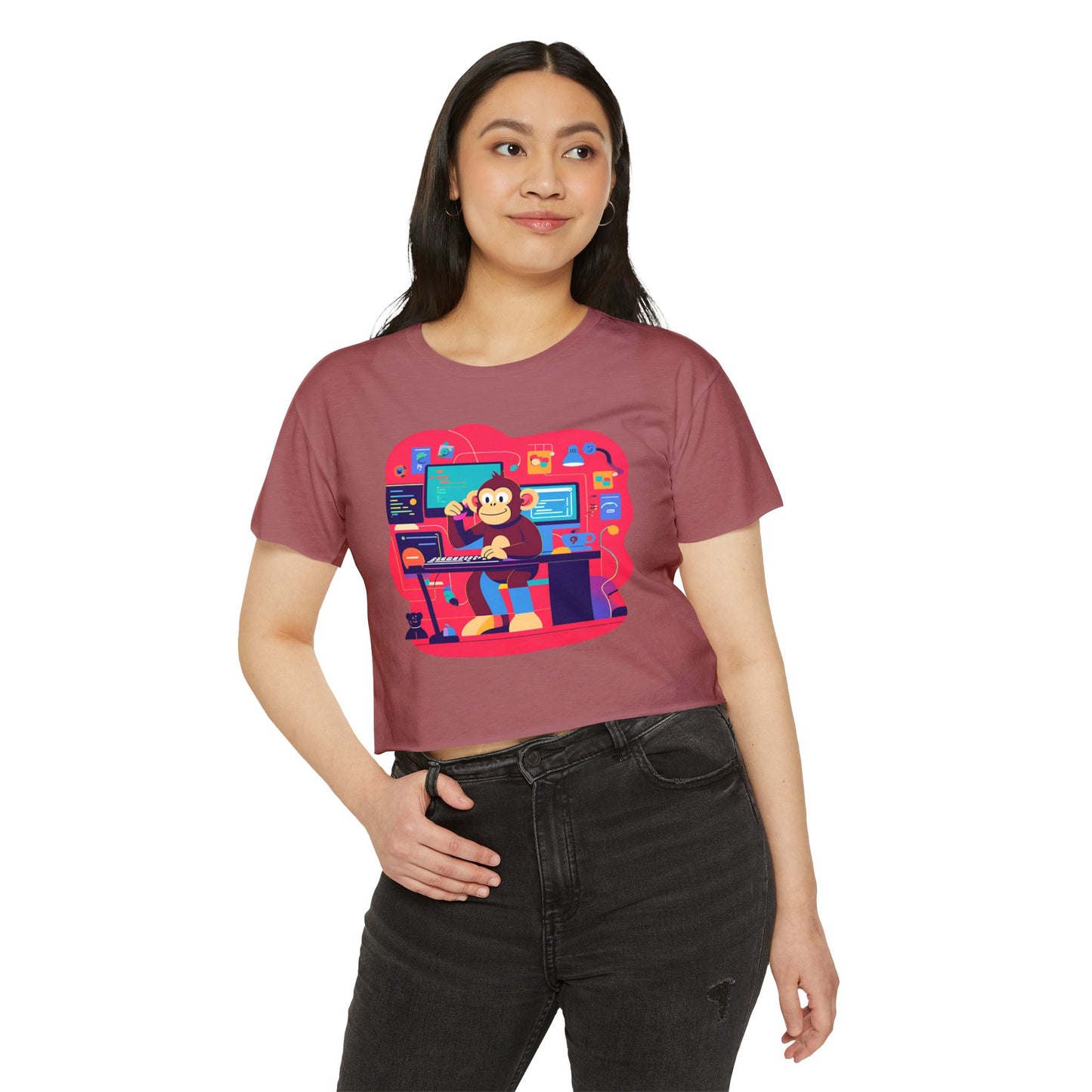 Colorful DJ Monkey Festival Crop Top, Music Festival Shirt, Summer Party Top, Gift for Festival Lovers, Playful Unique T-Shirt