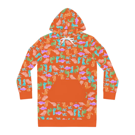 Womens Hoodie Dress Rainbow Dinos Orange