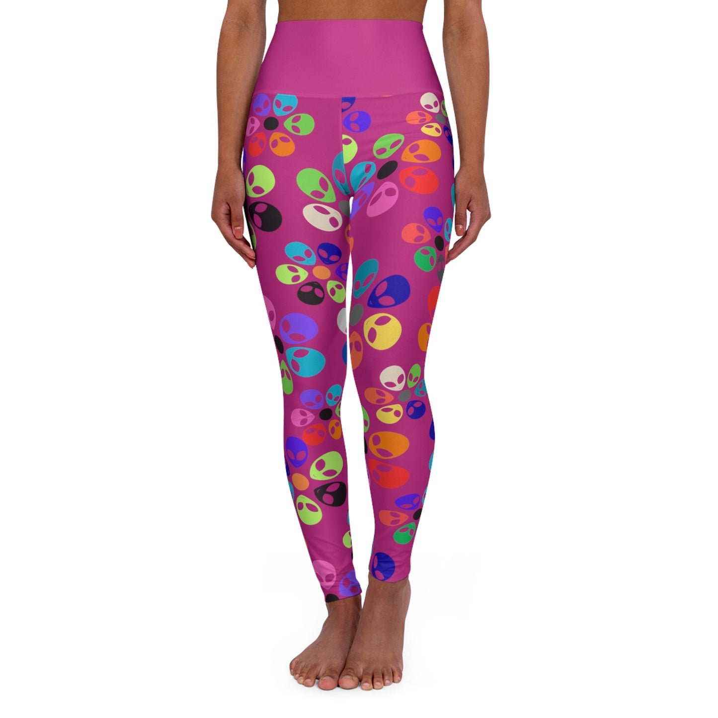 Colorful Alien Print High Waisted Yoga Leggings | Unique Workout Leggings Fitness Apparel Activewear Gifts for Yogis Alien Rainbow Flowers Pink