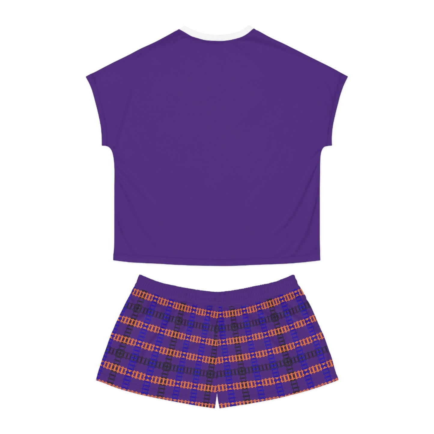 Cozy Womens Pajama Set for Relaxation Sleepwear Loungewear Gift for Her Stylish AOP Design Train Tracks Purple