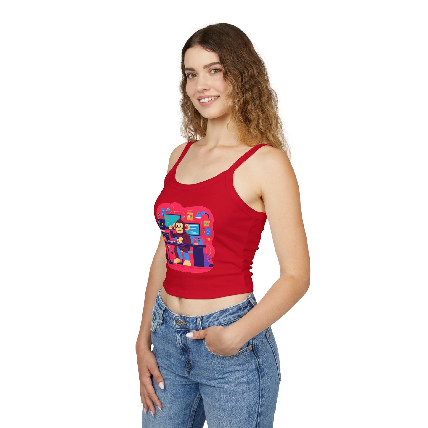 Playful Monkey Graphic Spaghetti Strap Tank Top - Fun Casual Wear, Summer Beach, Gift for Animal Lovers, Cute Pajama Top, Creative [...]