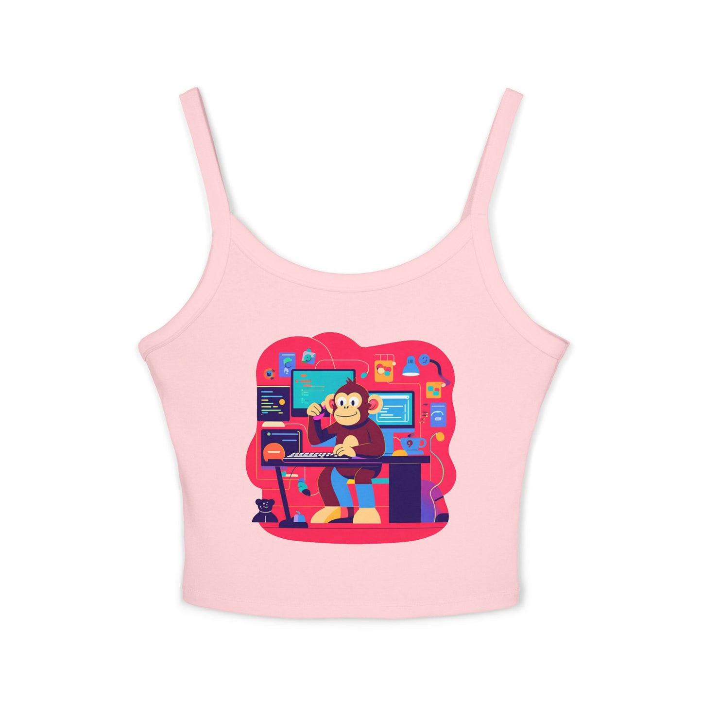 Playful Monkey Graphic Spaghetti Strap Tank Top - Fun Casual Wear, Summer Beach, Gift for Animal Lovers, Cute Pajama Top, Creative [...]