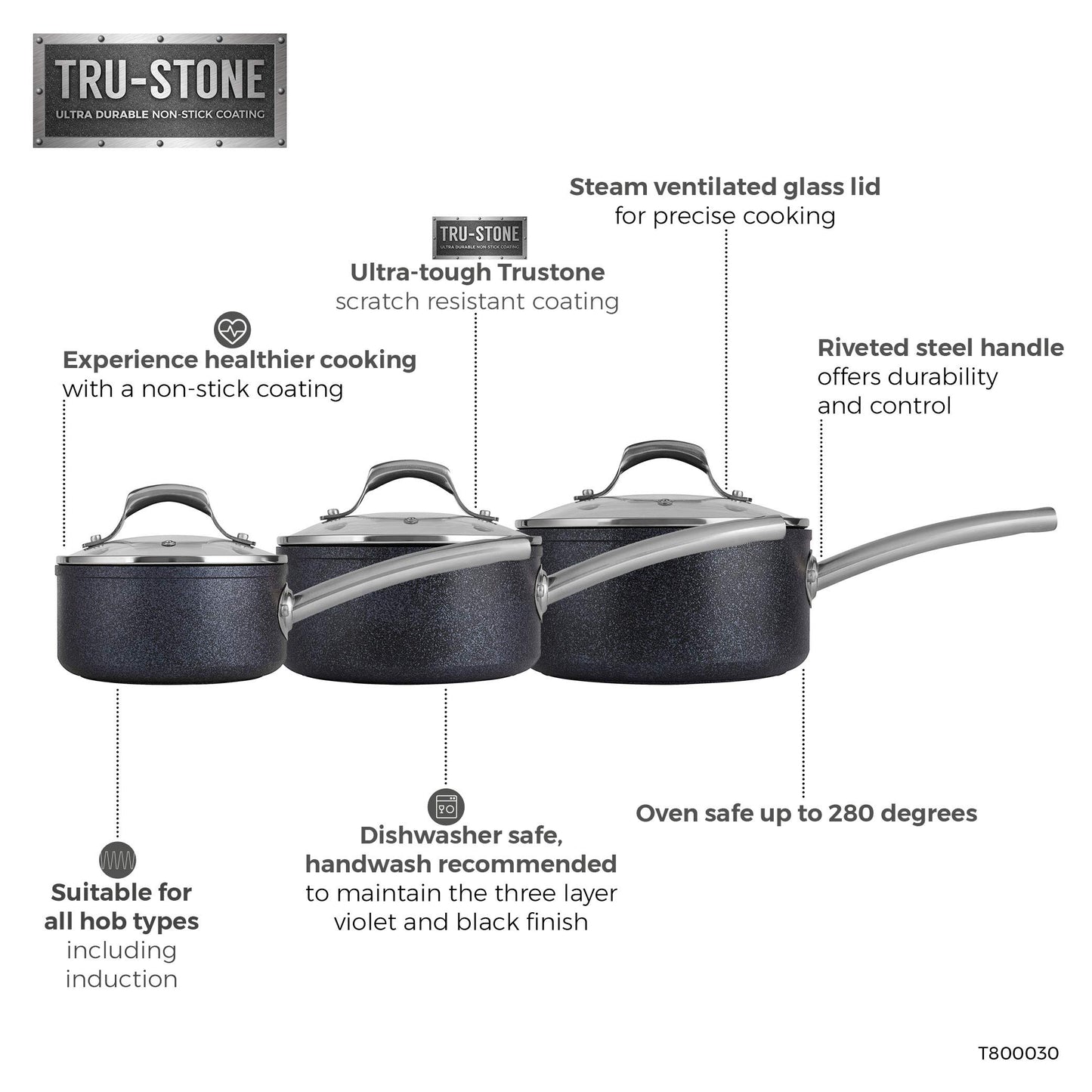 Tower Trustone Induction Pot Set, Non Stick, Easy to Clean, Dishwasher Safe, Violet Black, 3 Piece, 16/18/20 cm