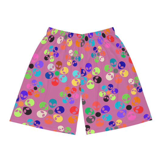 Colorful Alien Print Basketball Shorts Funky Athletic Wear Unisex Summer Shorts Trendy Sports Gear Fun Gift for Friends Alien Rainbow Flowers Light Pink