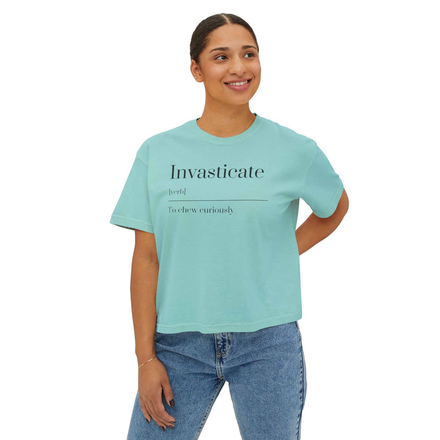 Curious Adventure Women's Boxy Tee, Casual Summer Top, Gift for Foodies, Vintage Inspired Shirt, Chew Curiously Tee