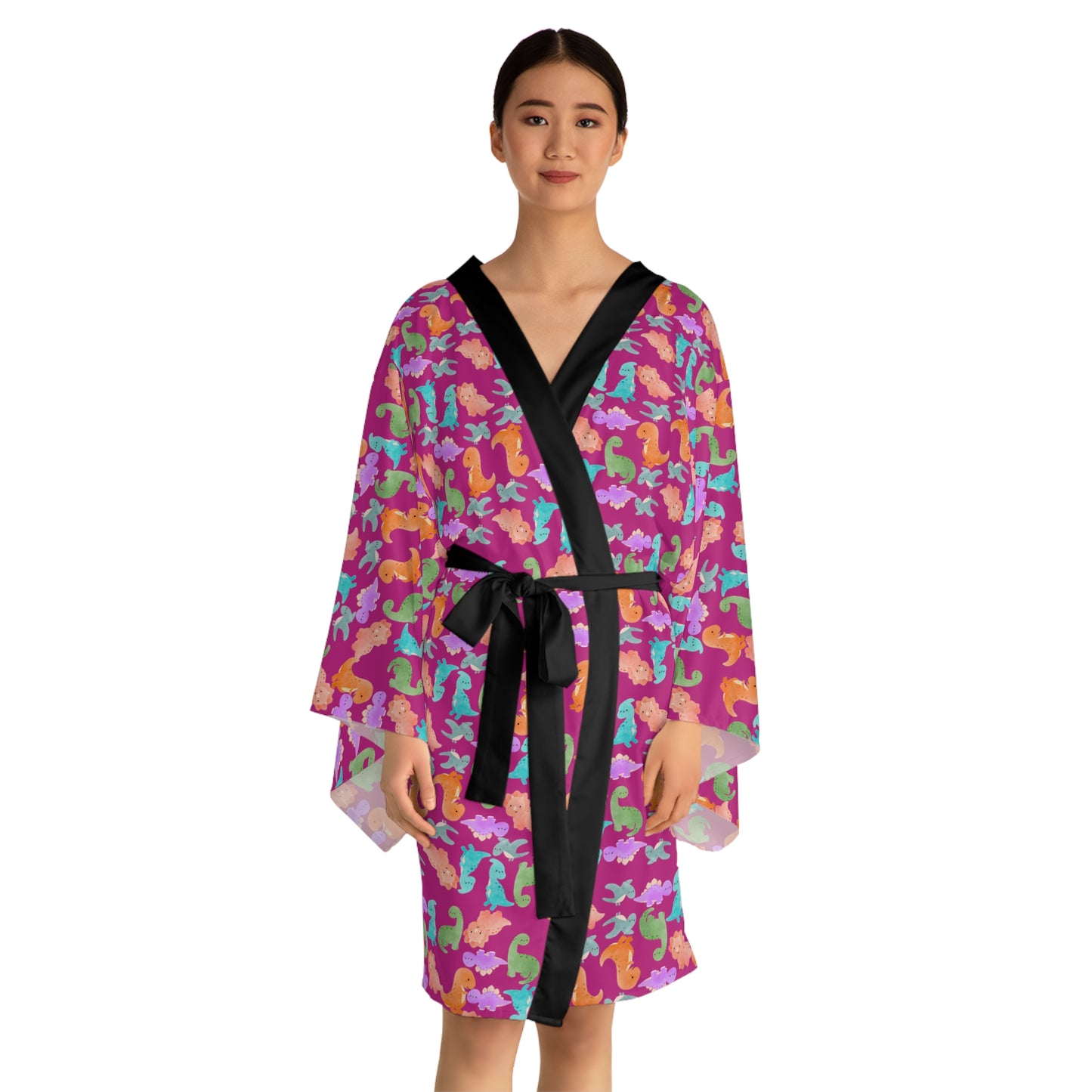 Vibrant Dino Print Long Sleeve Kimono Robe for Relaxation Loungewear Gift Summer Nights Cozy Style Rainbow Dinos Pink