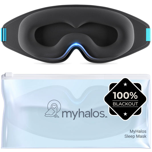 MyHalos 100% Blackout Sleep Masks for Women & Men - Zero Eye Pressure Eye Mask for Sleeping -Our Halo Sleep Mask Includes a Storage Pouch- Black Eye Mask for Travel or Blindfold