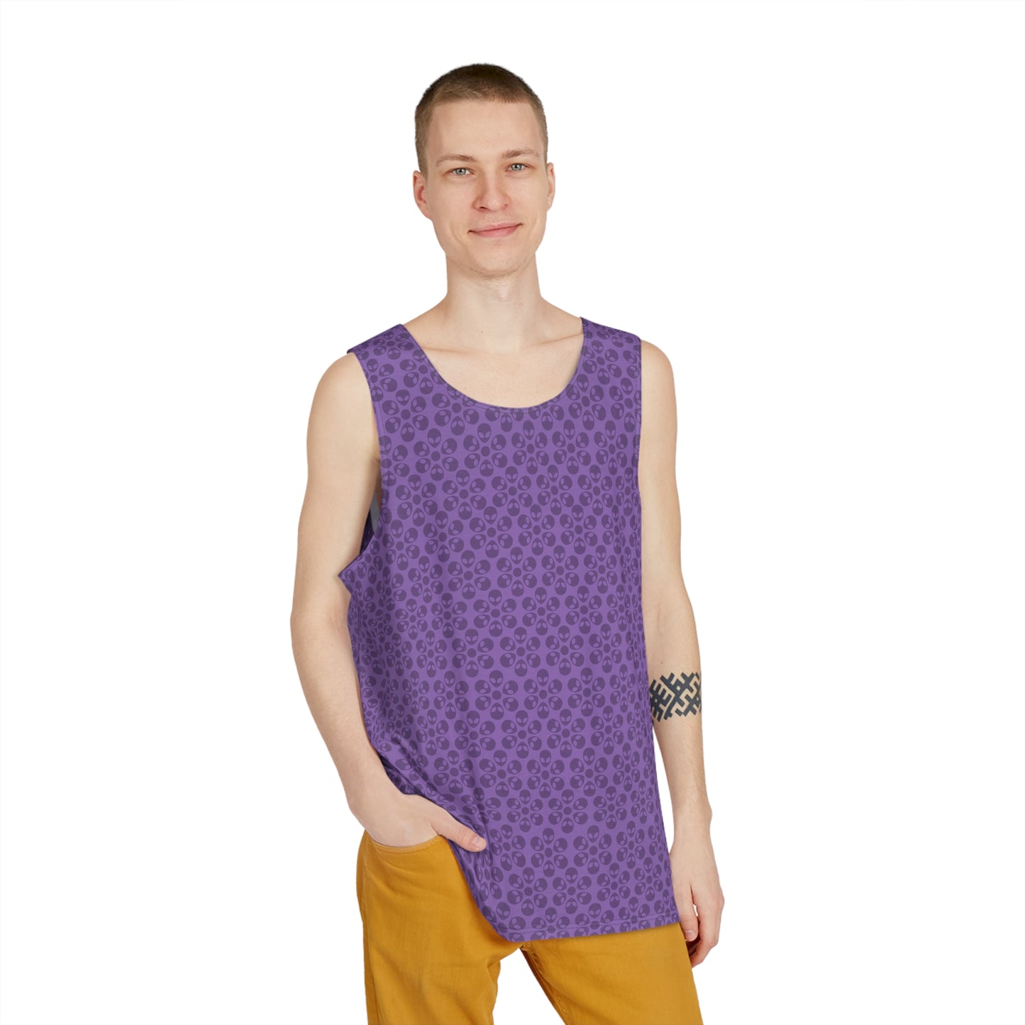 Stylish Mens Tank Top  AOP Leopard Print Summer Wear Fitness Gear Casual Apparel Trendy Vacation Outfit Alien Flowers Light Purple