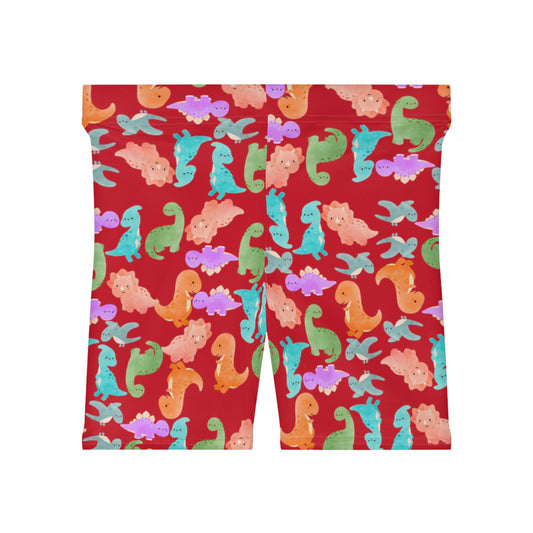 Colorful Dinosaur Womens Biker Shorts  AOP Perfect for Casual Wear workout Summer Birthdays Playdates Unique Gift Rainbow Dinos Dark Red