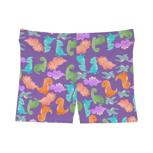 Dinosaur Print Womens Shorts Cute Summer Loungewear Kids Party Attire Beach Day Outfit Colorful Activewear Rainbow Dinos Light Purple