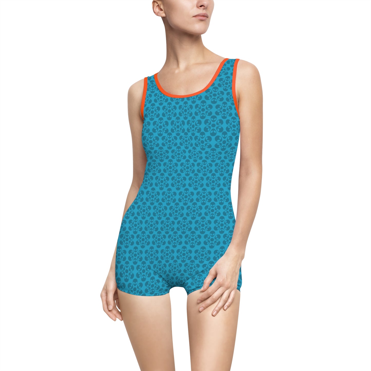 Womens Vintage Swimsuit  Alien Flowers Turquoise