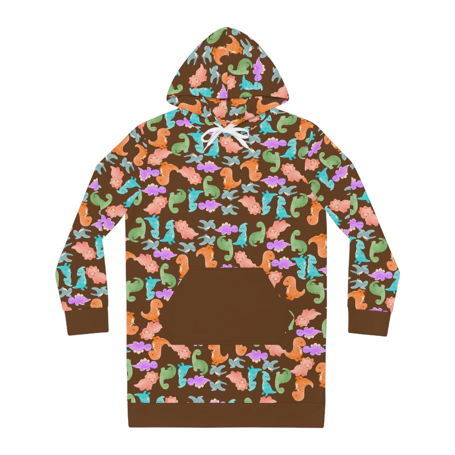 Womens Hoodie Dress Rainbow Dinos Brown