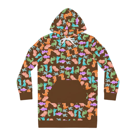 Womens Hoodie Dress Rainbow Dinos Brown