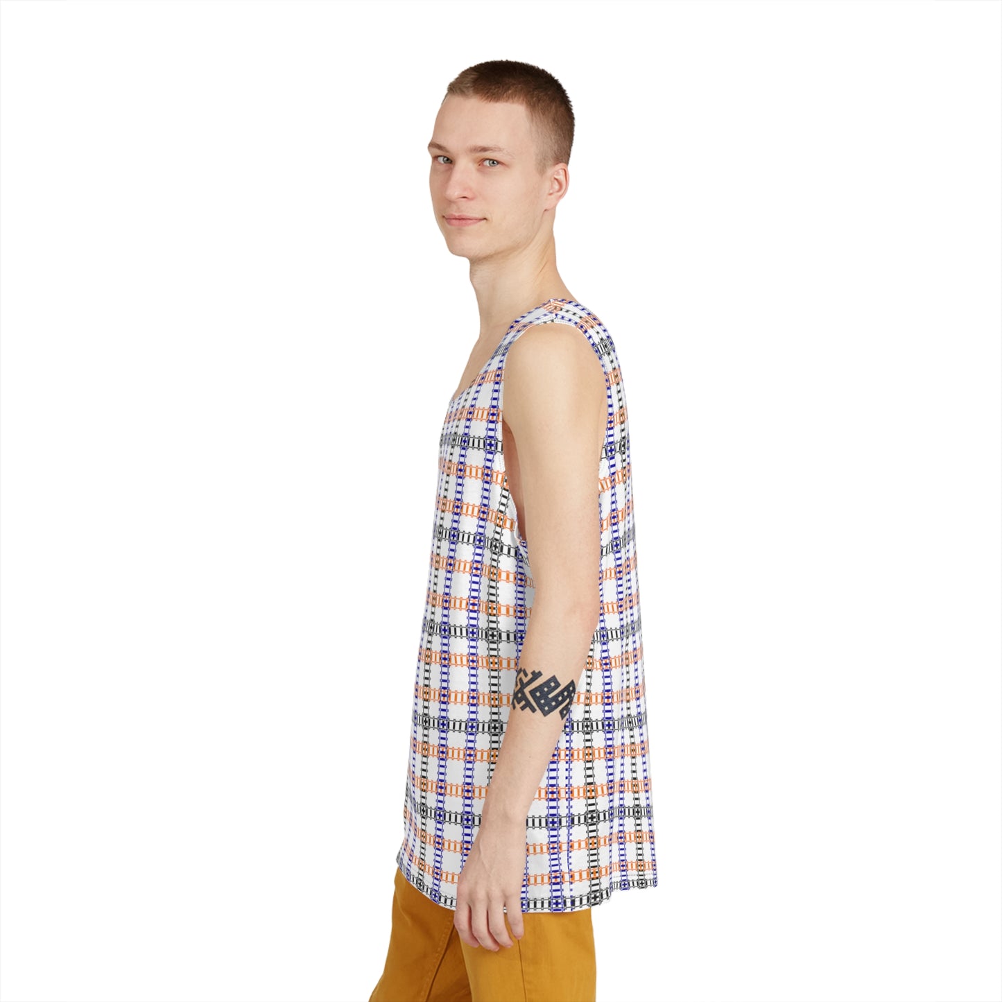 Plaid Mens Tank Top Casual Summer Wear Beach Attire Festival Outfit Comfortable Layering Piece Train Tracks Pink