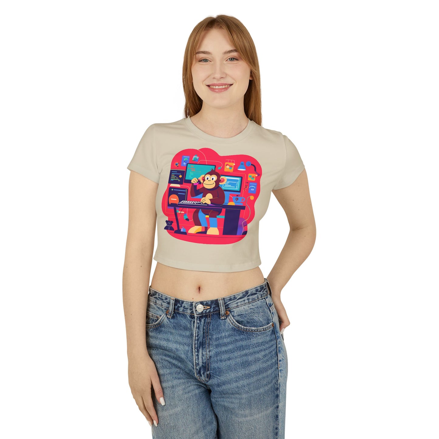 Playful Monkey Graphic Baby Tee for Women, Funny Casual T-Shirt, Gift for Gamers, Cute Animal Shirt, Summer Fashion, Birthday Present