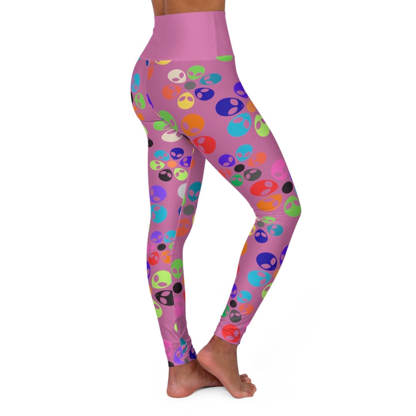 Colorful Alien Print High Waisted Yoga Leggings | Unique Workout Leggings Fitness Apparel Activewear Gifts for Yogis Alien Rainbow Flowers Light Pink