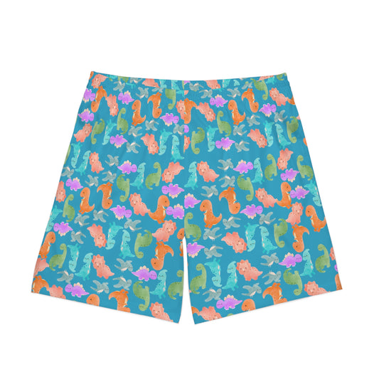 Colorful Dino Beach Shorts for Men Summertime Swimwear Vacation Essentials Pool Party Attire Trendy Summer Apparel Rainbow Dinos Turquoise
