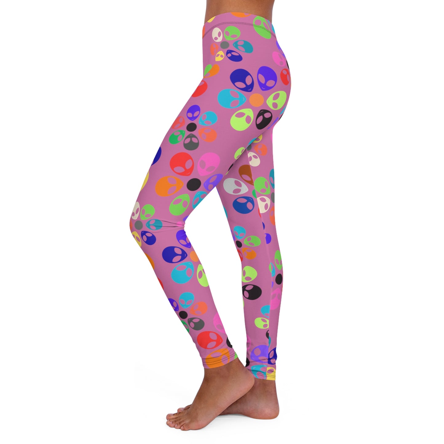 Colorful Alien Print Spandex Leggings Fun Workout Pants Casual Everyday Wear Gift for SciFi Lovers Unique Fashion Leggings Alien Rainbow Flowers Light Pink
