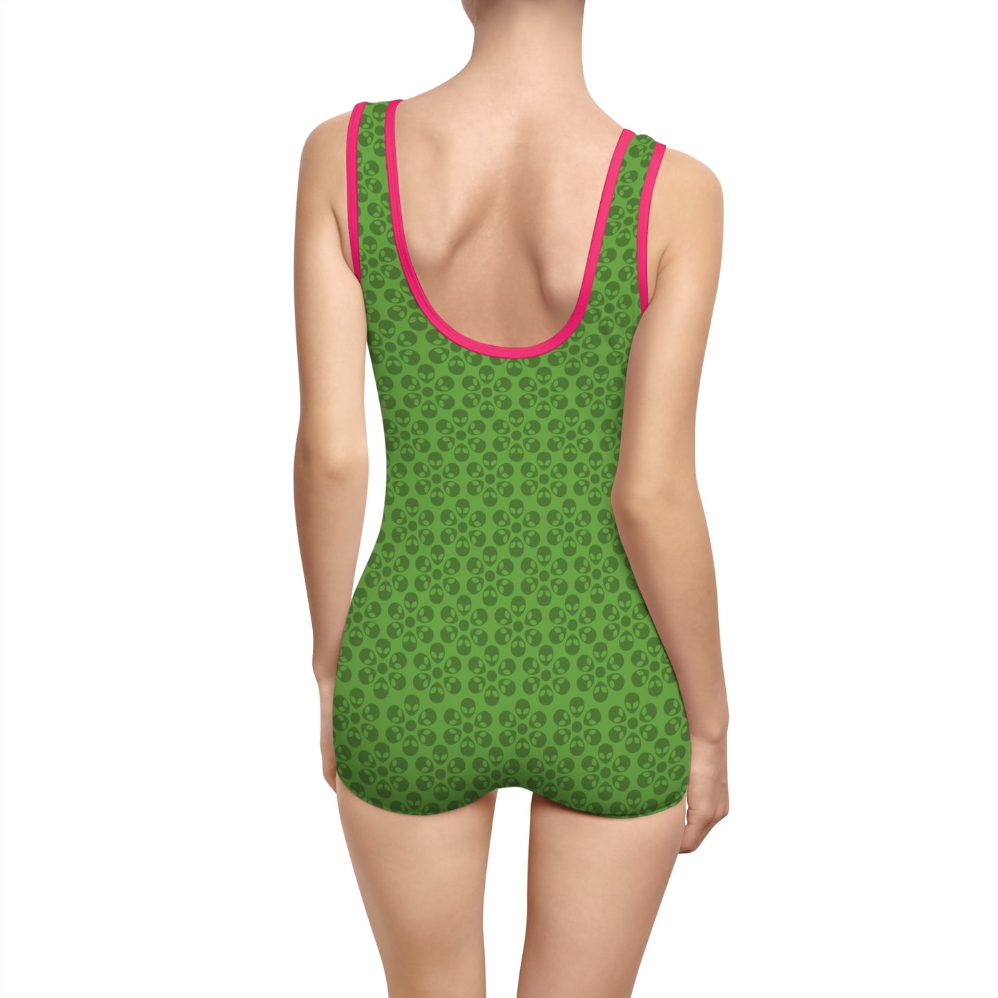 Womens Vintage Swimsuit  Alien Flowers Green