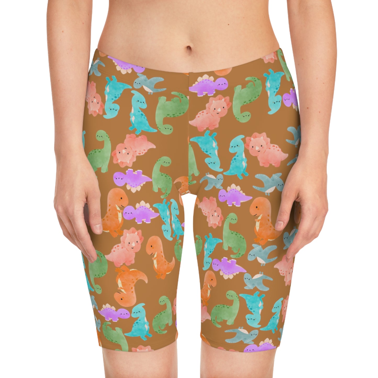 Womens Bike Shorts  Rainbow Dinos Light Brown