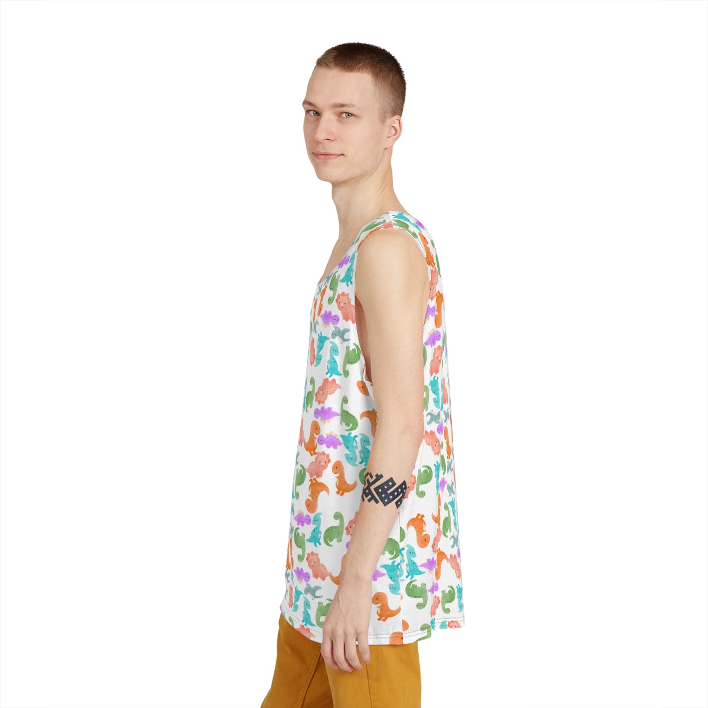 Colorful Dino Mens Tank Top Summer Vibes Beachwear Festival Fashion Casual Clothing Graphic AOP Tee Rainbow Dinos Pink