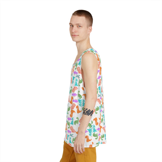 Colorful Dino Mens Tank Top Summer Vibes Beachwear Festival Fashion Casual Clothing Graphic AOP Tee Rainbow Dinos Pink