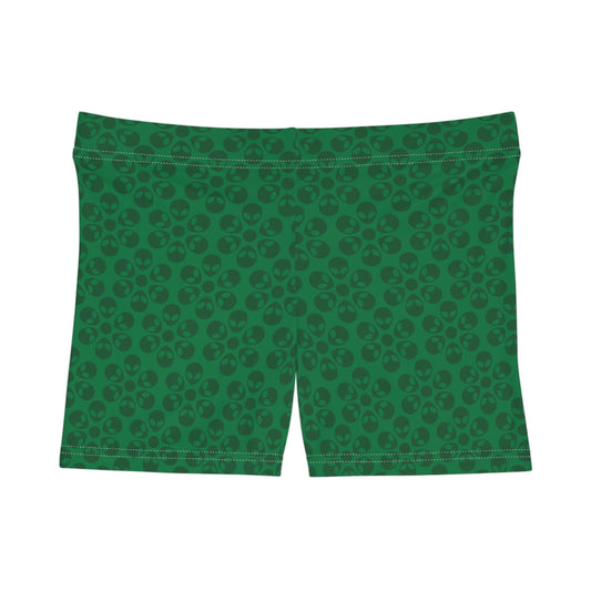 Alien Pattern Womens Shorts for Casual Summer Days Beach Wear Festival Outfit Relaxed Style Alien Flowers Dark Green