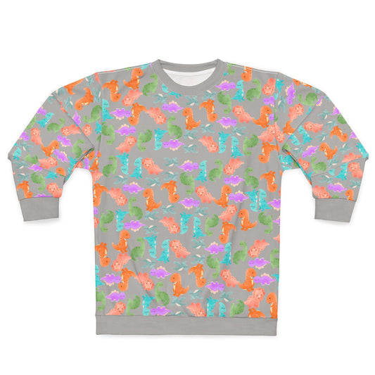 Colorful Dino Unisex Sweatshirt Ocean Vibe Apparel AOP Pullover for Beach Lovers Gift for Sea Life Enthusiasts Casual Cozy Wear Rainbow Dinos Light Grey