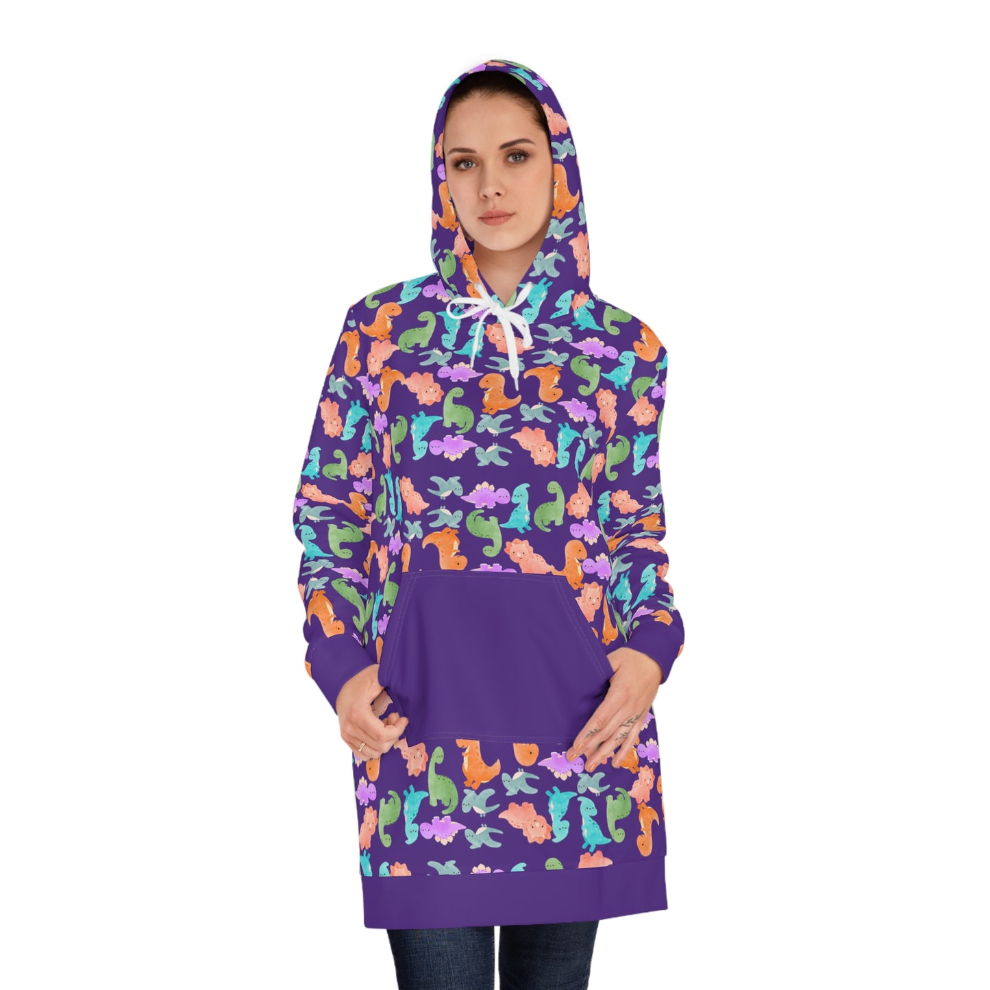 Womens Hoodie Dress Rainbow Dinos Purple
