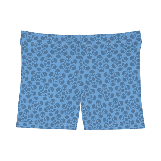 Alien Pattern Womens Shorts for Casual Summer Days Beach Wear Festival Outfit Relaxed Style Alien Flowers Light Blue