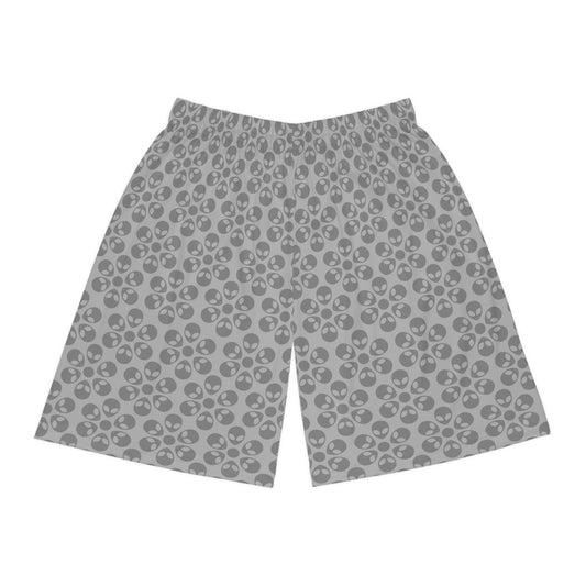 Trendy Skull Pattern Basketball Shorts Summer Activewear Sports Apparel Casual Wear Beach Shorts Gift for Basketball Lovers Alien Flowers Light Grey