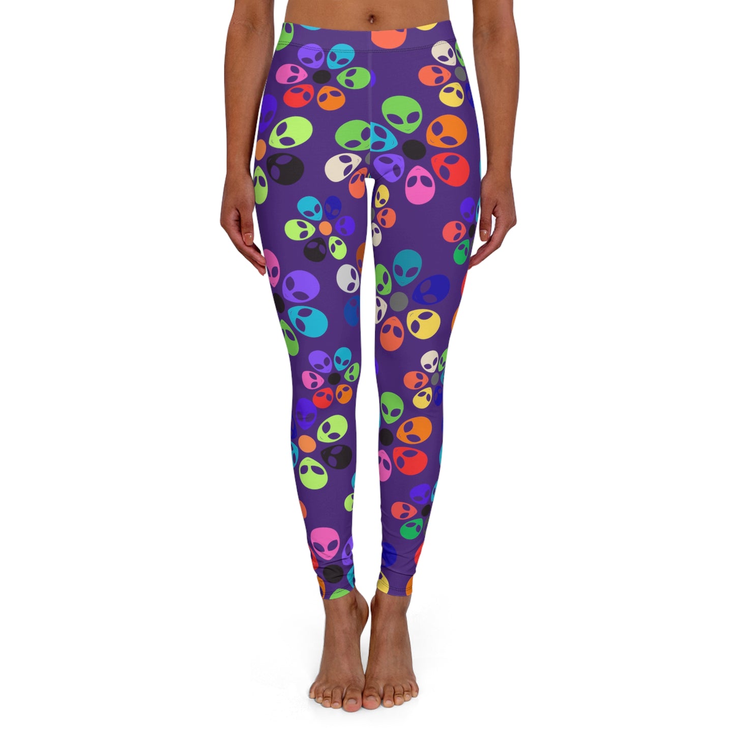 Colorful Alien Print Spandex Leggings Fun Workout Pants Casual Everyday Wear Gift for SciFi Lovers Unique Fashion Leggings Alien Rainbow Flowers Pink