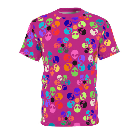 Colorful Alien Print Unisex TShirt Fun Graphic Tee Quirky Fashion Wear Gift for SciFi Lovers Trendy Casual Style Summer Apparel Alien Rainbow Flowers Pink