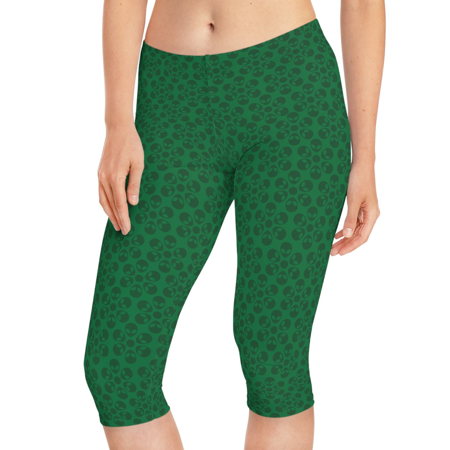 Womens Capri Leggings Alien Flowers Dark Green