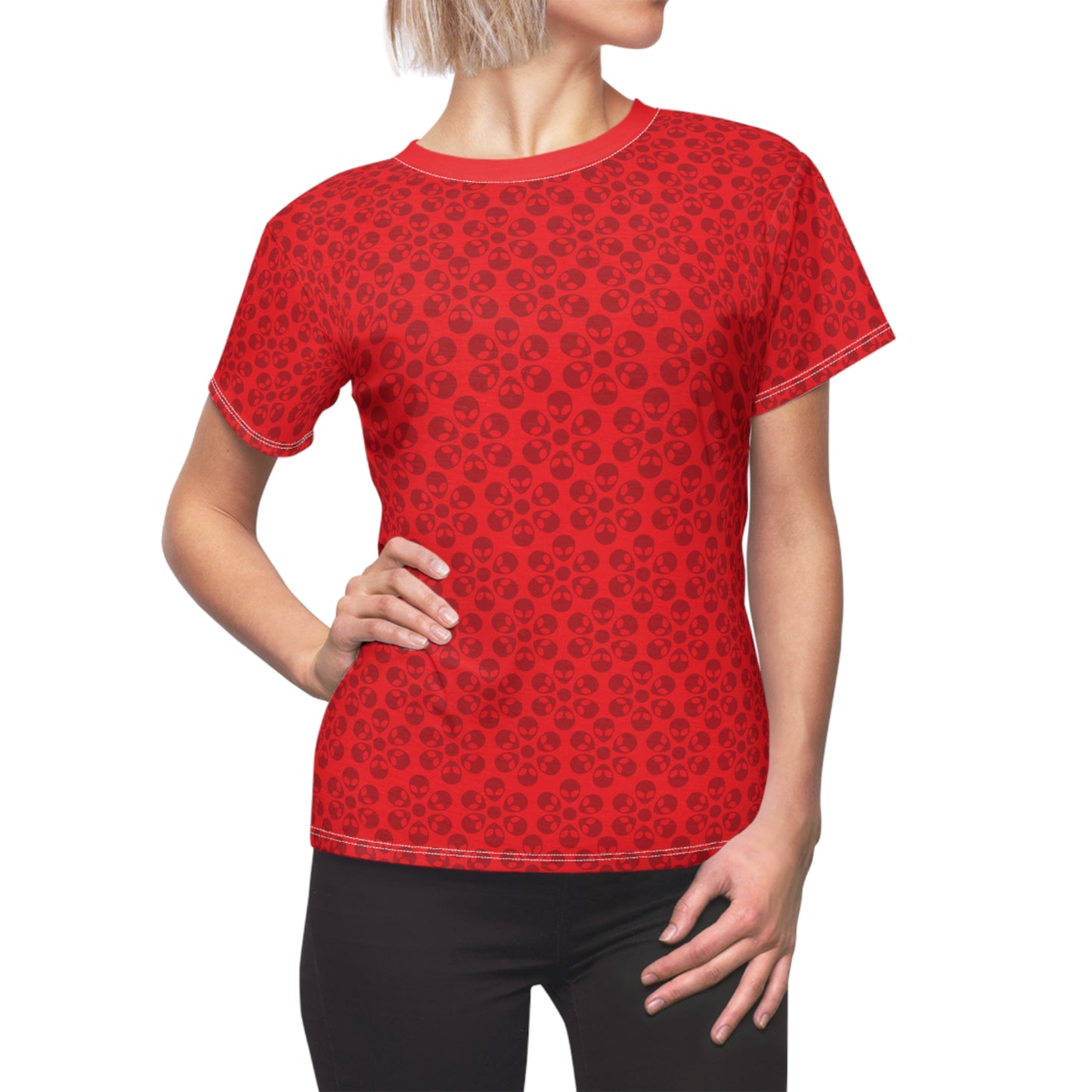Stylish Womens Floral Tee  Casual Trendy Summer Fashion Gift for Her Short Sleeve Top Alien Flowers Red